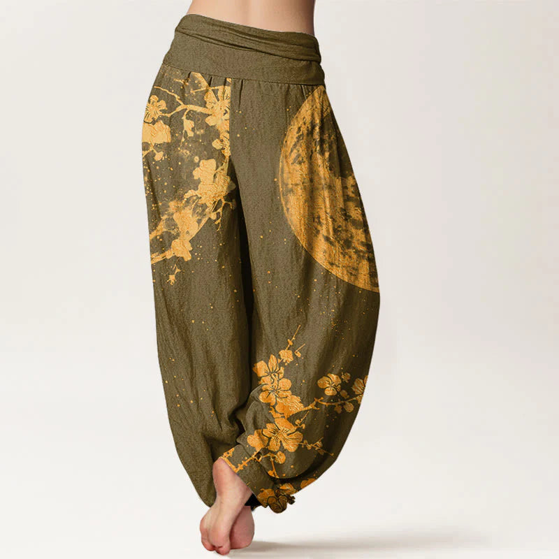 Buddha Stones Cotton Golden Plum Blossom Full Moon Pattern Women's Elastic Waist Harem Pants