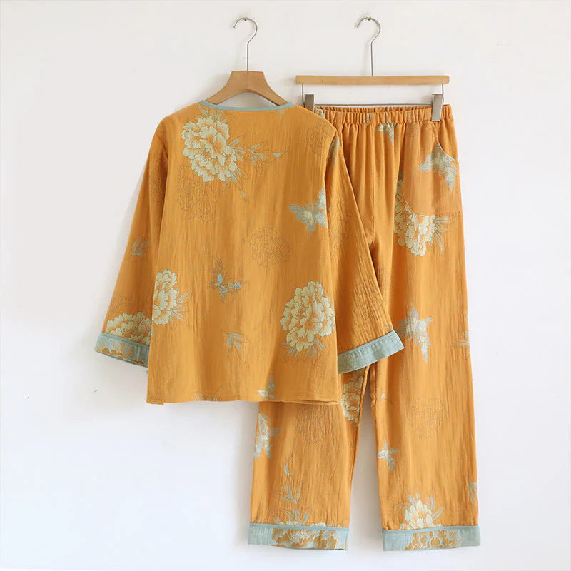 Buddha Stones 2pcs Frog-Button Printed Long Sleeve Cardigan Shirt Pants With Pockets Cotton Set