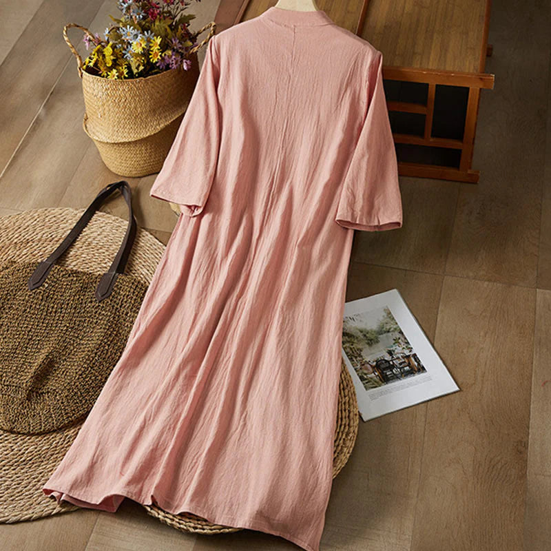Buddha Stones Vintage Embroidery Frog-button Half Sleeve High Waist Cotton Linen Women's Midi Dress