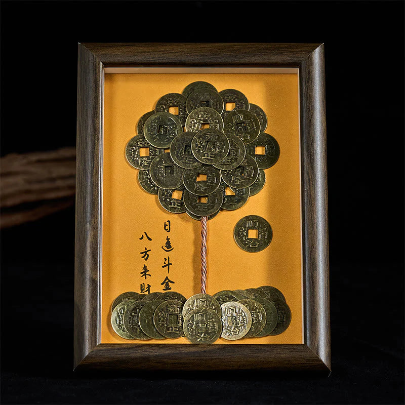 Buddha Stones Five-Emperor Coins Tree Attract Fortune Protection Photo Frame Ornament Home Decor