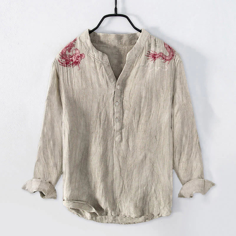 Buddha Stones Red Dragon Pattern Half Buttons Men's Cotton Linen Long Sleeve Shirt