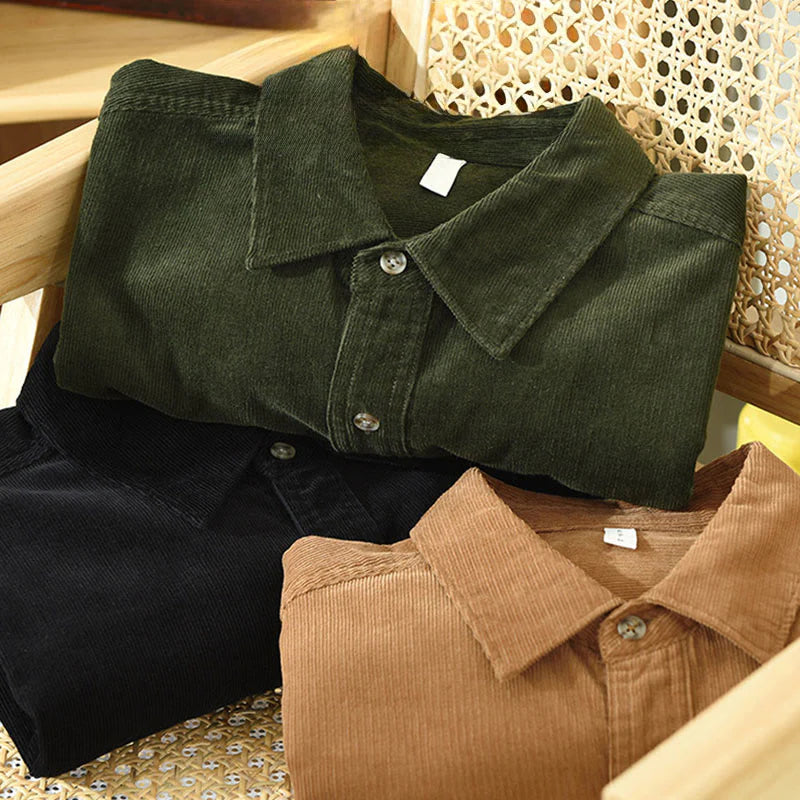 Buddha Stones Fall Decorative Pocket Buttons Down Stand Collar Long Sleeve Men's Cotton Corduroy Shirt
