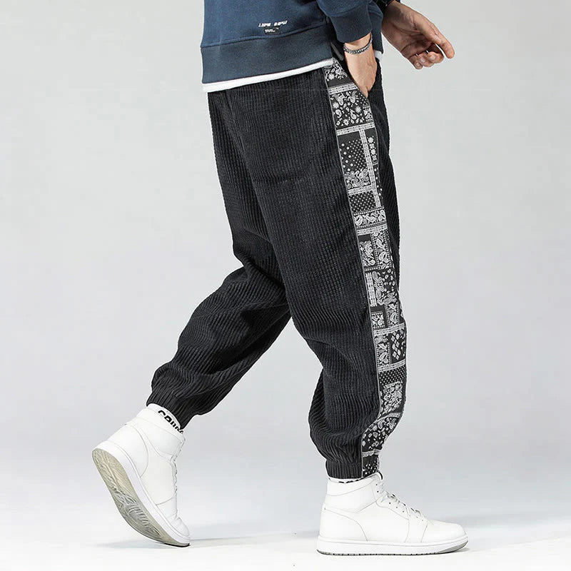 Buddha Stones Fall Solid Drawstring Side Paisley Pattern Straight Leg Ankle-length Corduroy Men's Pants With Pockets