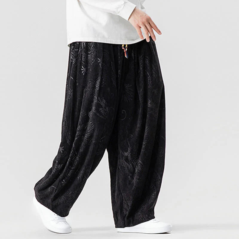 Buddha Stones Winter Dragon Phoenix Pattern Cotton Corduroy Men's Harem Pants With Pockets