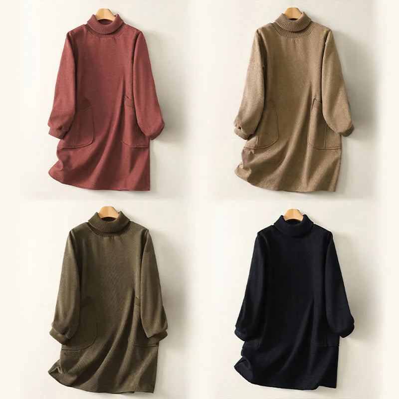 Buddha Stones Winter High Neck Warm Cotton Women's Long Sleeve Midi Dress With Pockets
