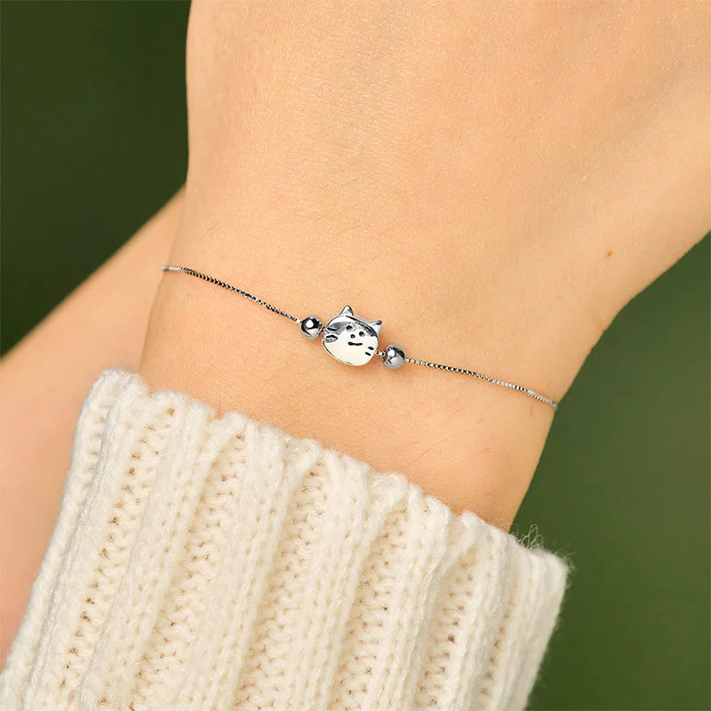 Buddha Stones 925 Sterling Silver Mini Cat Blessing Chain Bracelet