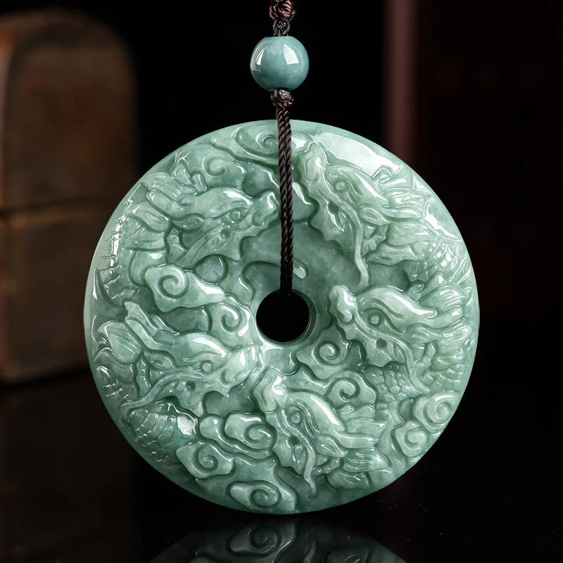 Buddha Stones Year of the Dragon Natural Jade Nine Dragons Peace Buckle Protection Necklace Pendant