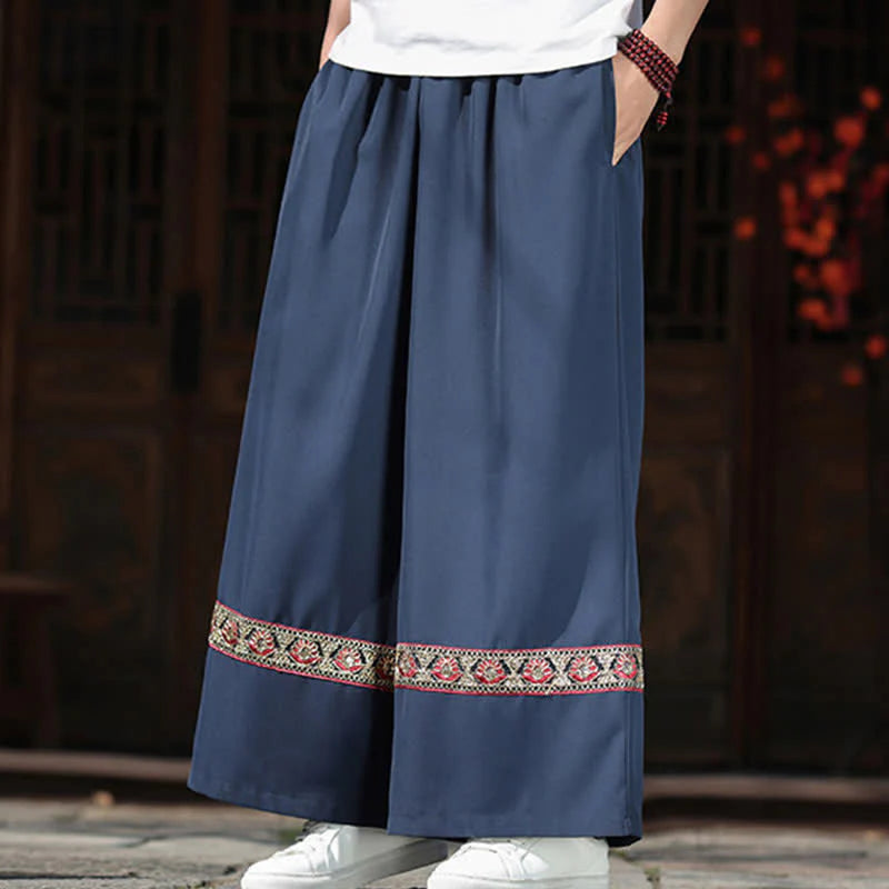 Buddha Stones Summer Cotton Embroidered Hem Elastic Waist Men's Cropped Wide Leg Pants With Pockets