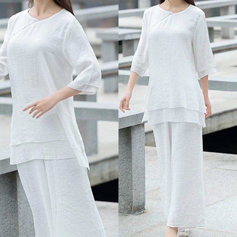 Buddha Stones 2Pcs Simple Design White Top Pants Meditation Yoga Zen Tai Chi Clothing Women's Set