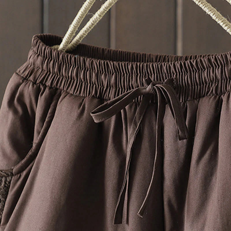 Buddha Stones Flower Pattern Cotton Polyester Embroidery Thick Women's Pants With Pockets