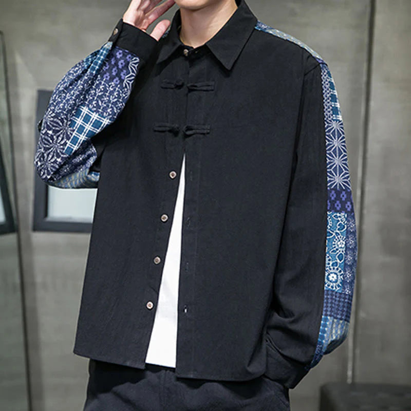 Buddha Stones Men's Flower Pattern Stitching Cotton Blend Long Sleeve Shirt