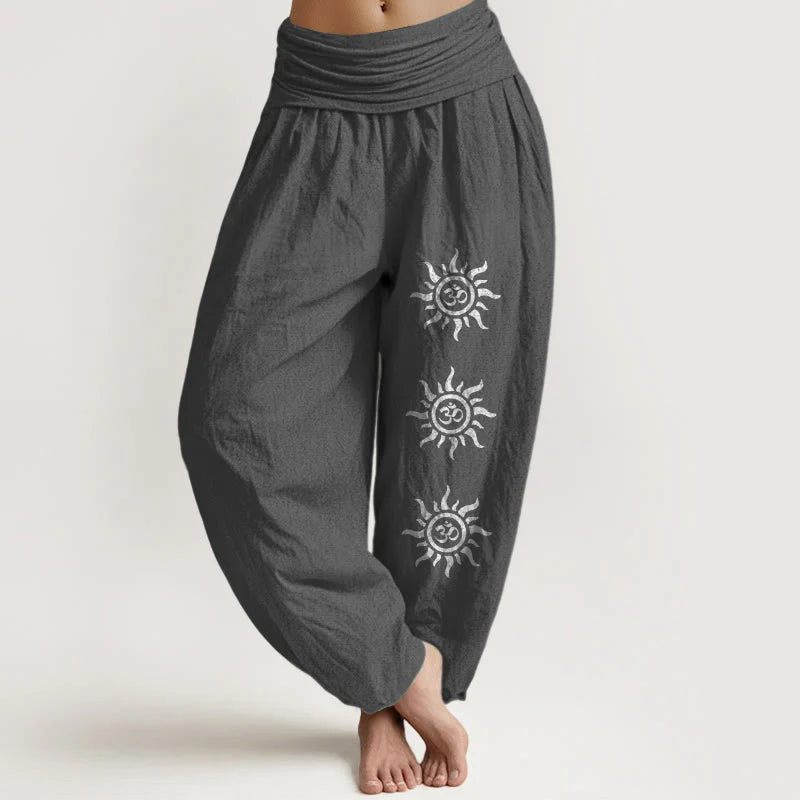 Buddha Stones Solid Color Pure Cotton Sun Om Symbol Pattern Women's Elastic Waist Harem Pants