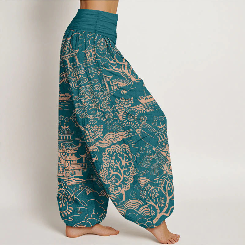 Buddha Stones Cotton Exquisite Tree Building Cloud Pattern Women's Elastic Waist Harem Pants