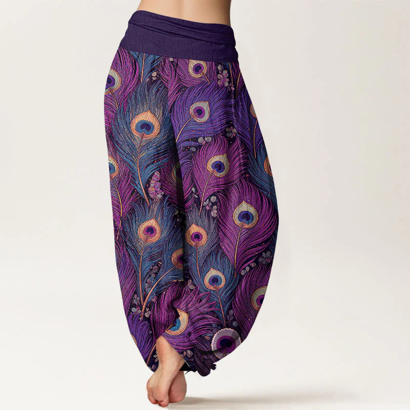 Buddha Stones Peacock Feathers Pattern Pure Cotton Women's Elastic Waist Harem Pants