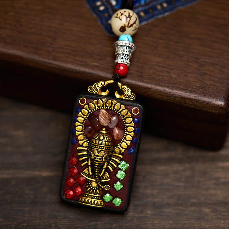 Buddha Stones Tibetan Ganesh Ganpati Elephant Ebony Wood Rope Peace Necklace Pendant