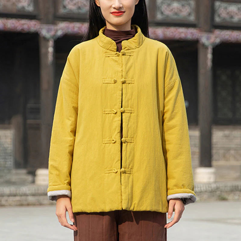 Buddha Stones Winter Solid Frog-Button Long Sleeve Cotton Women's Thermal Jacket With Pockets