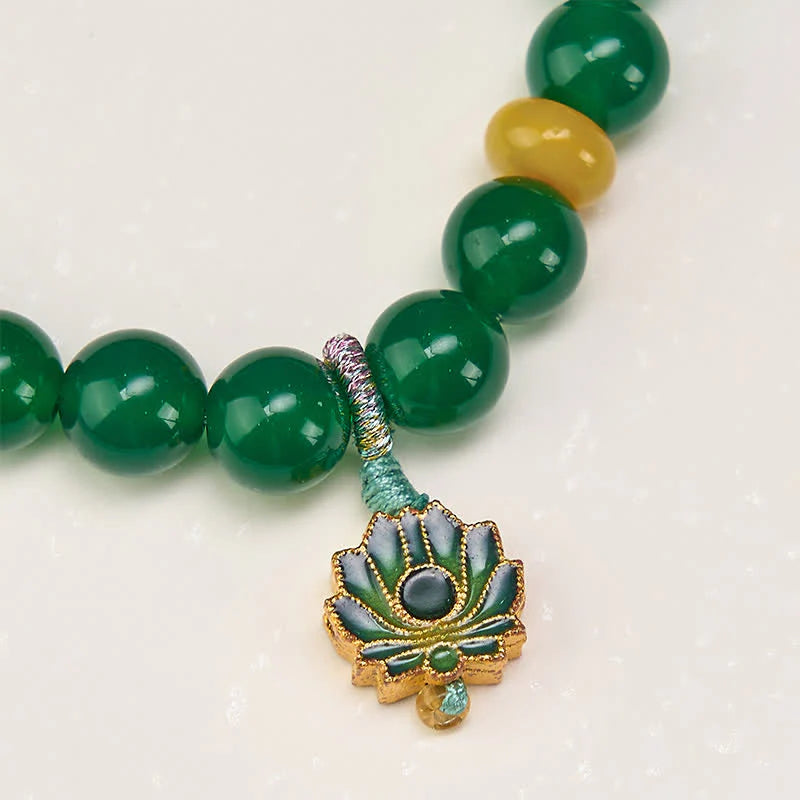 Buddha Stones Natural Green Agate Yellow Agate Lotus Charm Success Beaded Bracelet