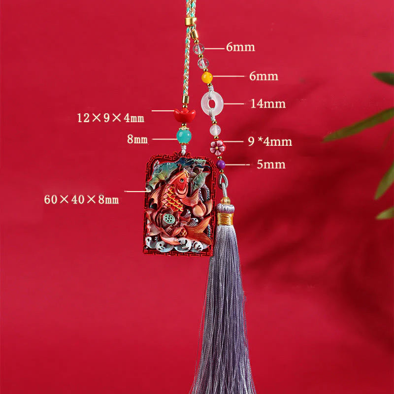 Buddha Stones Natural Cinnabar Koi Fish Lotus Design Blessing Peace Buckle Car Hanging Decoration