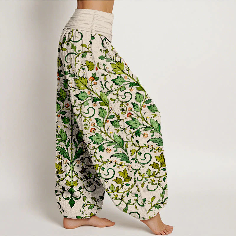 Buddha Stones Pure Cotton Classical Symmetrical Plant Leaf Pattern Women's Elastic Waist Harem Pants