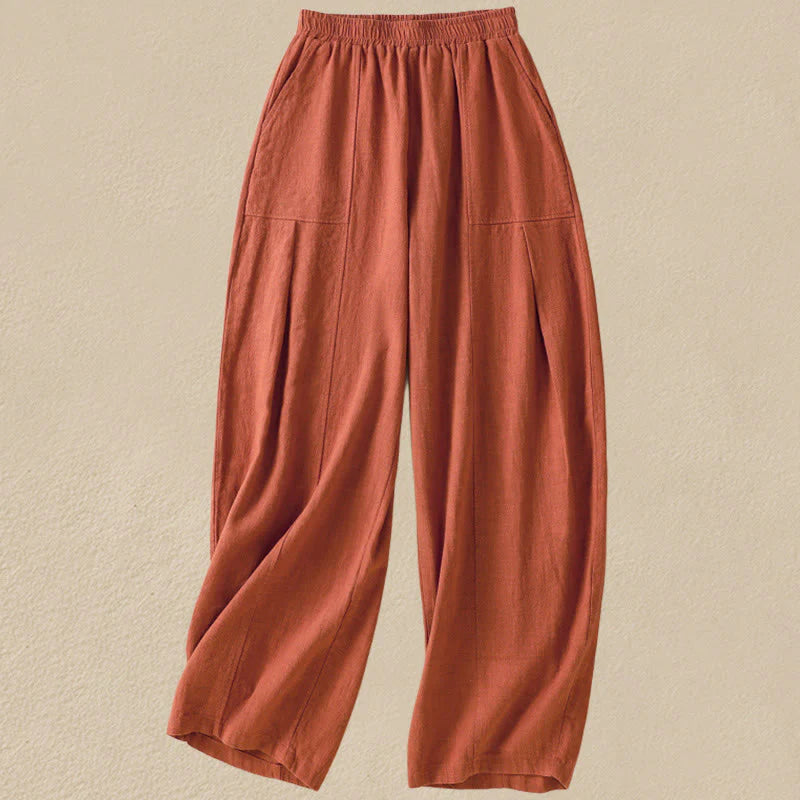 Buddha Stones Plain Simple Design High Waist Women's Cotton Linen Harem Pants With Pockets