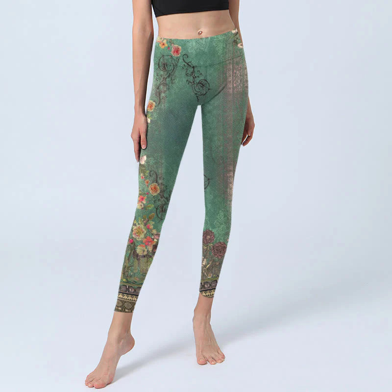 Buddha Stones Vintage Floral Garland Lace Damask Pattern Print Gym Leggings Women's Yoga Pants