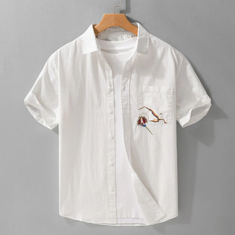 Buddha Stones Summer Buttons Down Bird Embroidery Decorative Pocket Men's Short Sleeve Cotton Shirt
