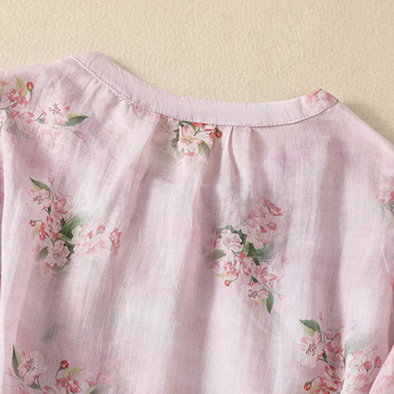 Buddha Stones Crew Neck Casual Frog-Button Floral Print Pattern Blouse Half Sleeve Women's Shirts