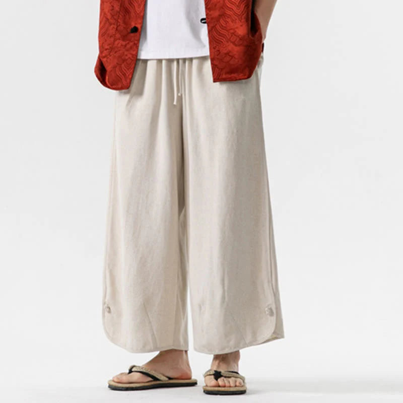Buddha Stones Summer Plain Drawstring Design Linen Cotton Men's 7-8 Length Pants With Pockets