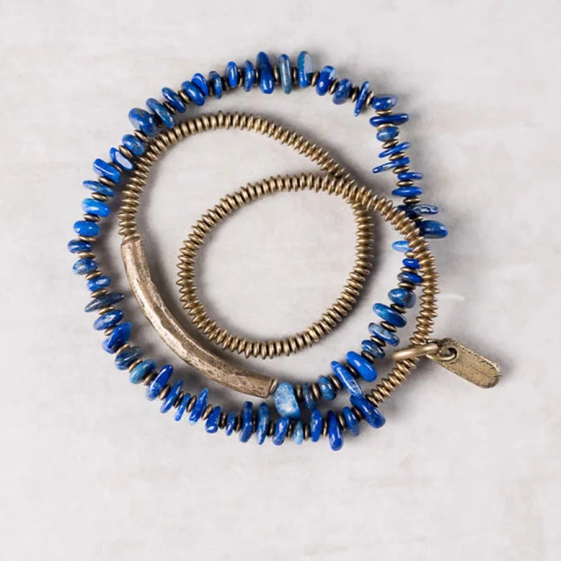 Buddha Stones Irregular Shape Triple Wrap Lazurite Balance Bracelet