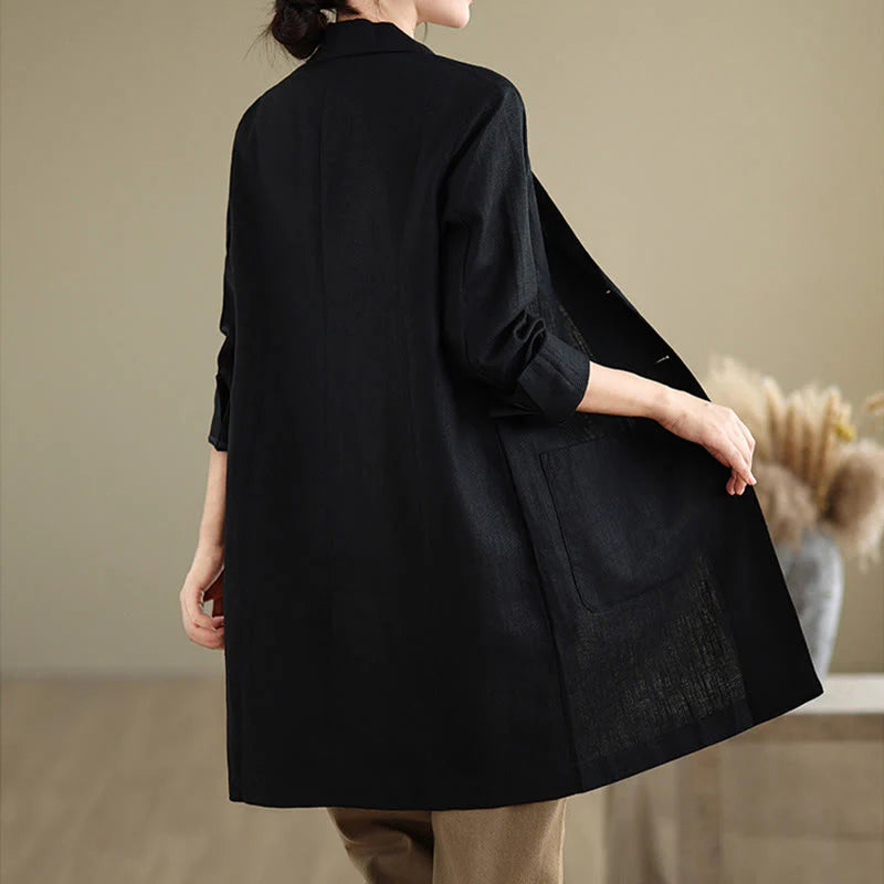 Buddha Stones Casual Fall Buttons Design Lapel Women's Cotton Linen Coat With Pockets
