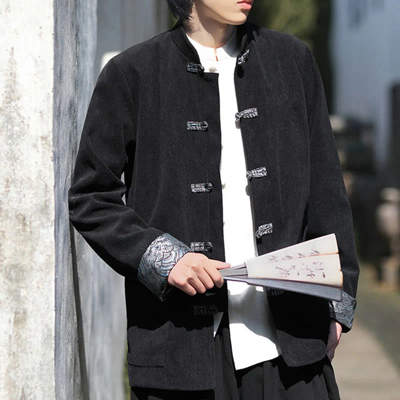Buddha Stones Spring Jacquard Frog-Button Men's Cotton Corduroy Long Sleeve Jacket With Pockets