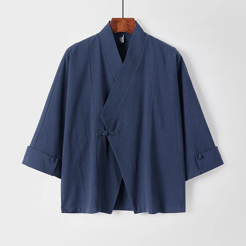 Buddha Stones Plain One Chinese Frog-Button Jacket Cotton Linen Men's Half Sleeve Kimono