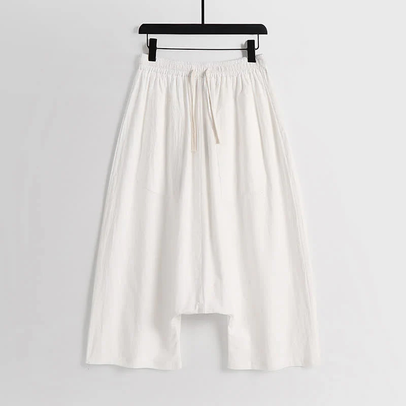Buddha Stones Plain Drop Crotch Design Cotton Linen Men's Harem 7-8 Length Pants