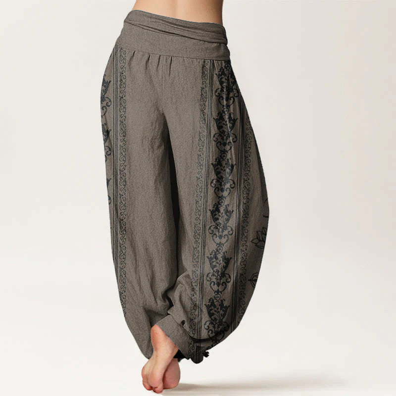 Buddha Stones Pure Cotton Lotus Flowers Double Dorje Vajra Namaste Om Design Women's Elastic Waist Harem Pants