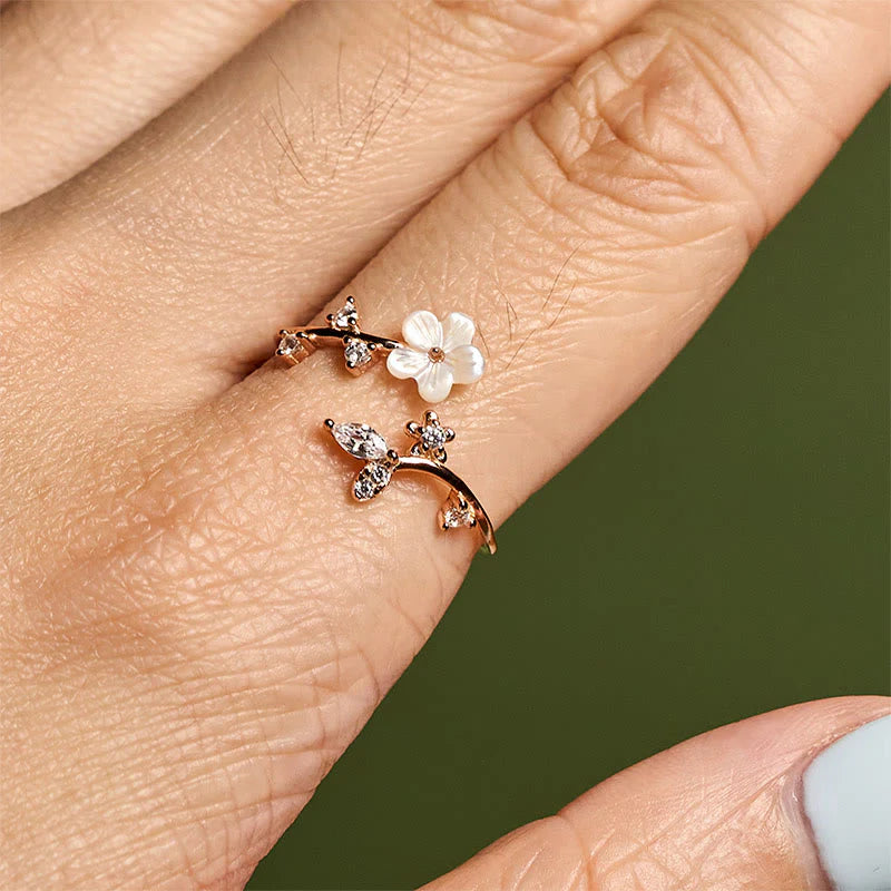 Buddha Stones 925 Sterling Silver White Flower Design Adjustable Blessing Ring