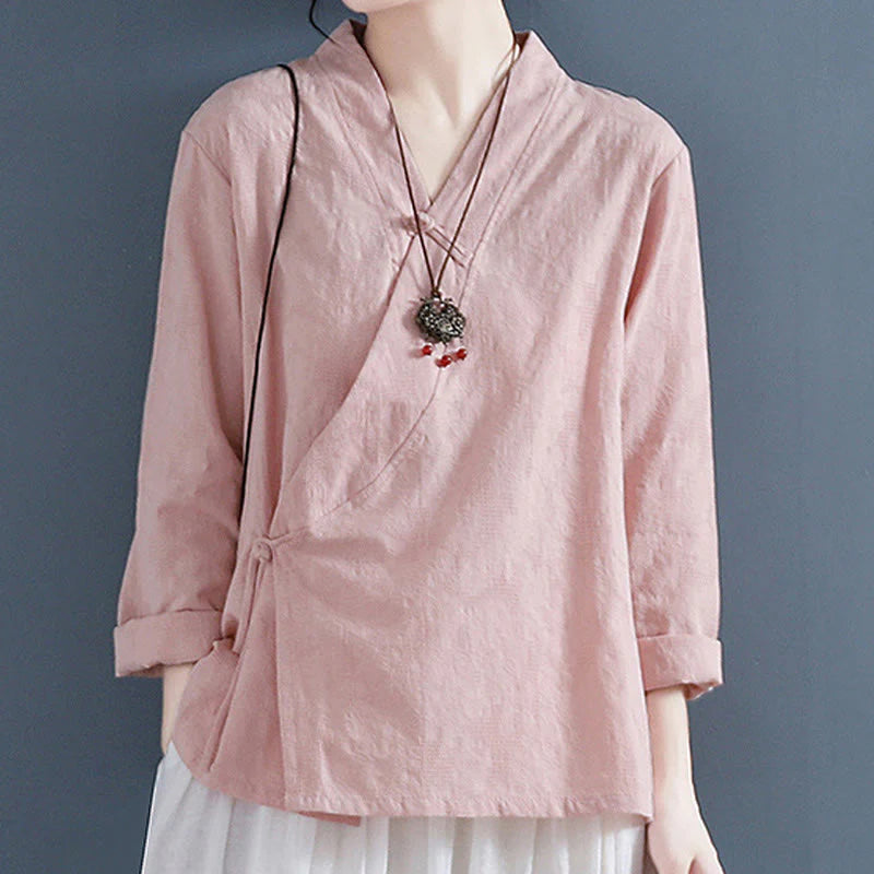 Buddha Stones Casual Solid Color Frog Button Long Sleeve Zen Cotton Linen Women's Shirt