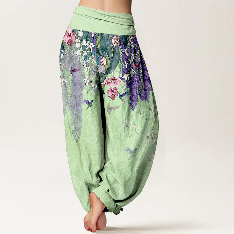 Buddha Stones Pure Cotton Orchid Birds Pattern Women's Elastic Waist Harem Pants