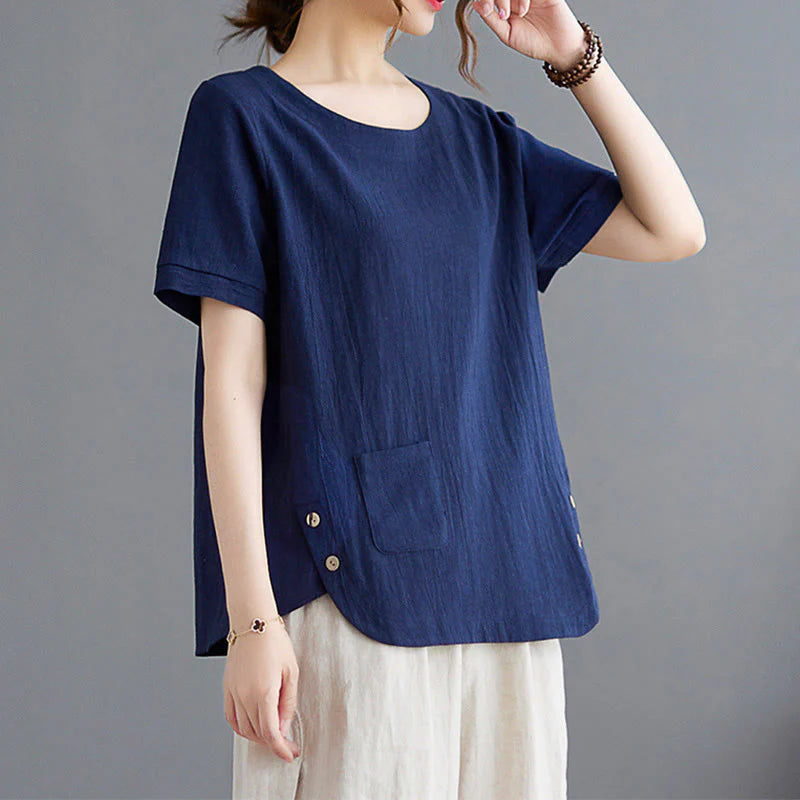 Buddha Stones Side Slit Design Women's Cotton Linen Crew Neck Short Sleeve T-Shirt Wtih Pocket