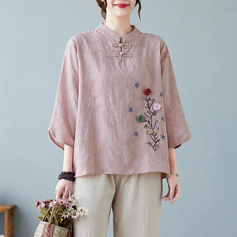 Buddha Stones Vintage Summer Stereoscopic Flower Embroidery Three Quarter Sleeve Frog-Button Cotton Linen Women's Shirt