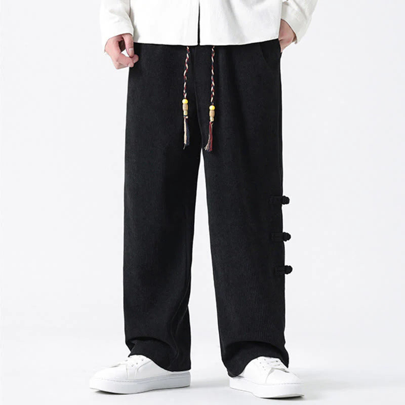 Buddha Stones Fall Solid Frog-Button Men's Drawstring Corduroy Straight Leg Pants With Pockets