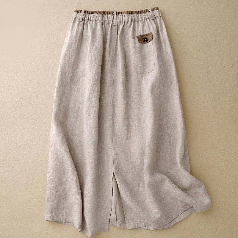 Buddha Stones Vintage Casual Plain Side Slit Elastic Waist Cotton Linen Women's Skirt With Pockets