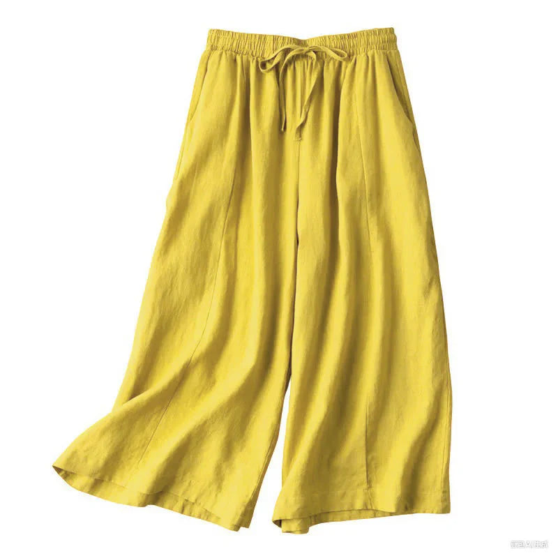Buddha Stones Plain Color 7-8 Length Capri Cropped Pants Cotton Linen Women's Wide Leg Pants With Pockets