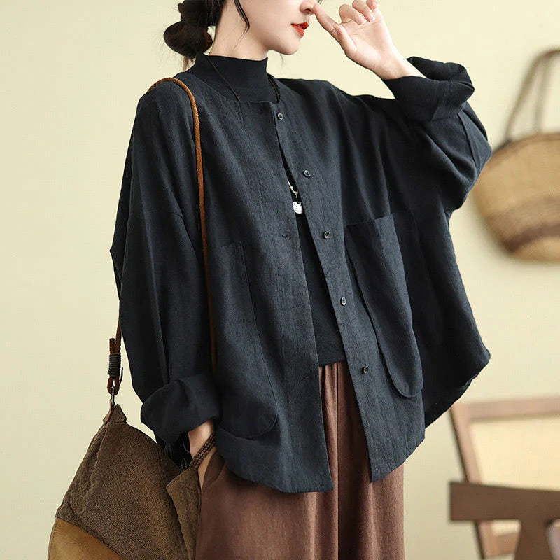 Buddha Stones Plain Design Long Sleeve Women's Cotton Linen Jacket With Pockets