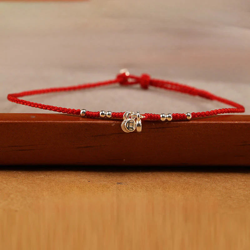Buddha Stones Handcrafted 925 Sterling Silver Copper Coins Design Protection Strength Ultra-Thin Bracelet Anklet