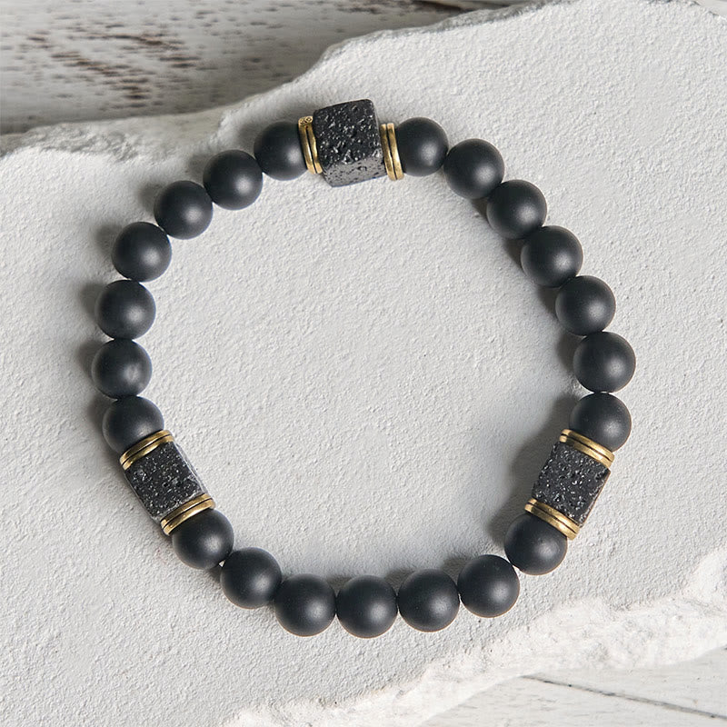 Buddha Stones Natural Frosted Black Onyx Square Lava Rock Fortune Bracelet