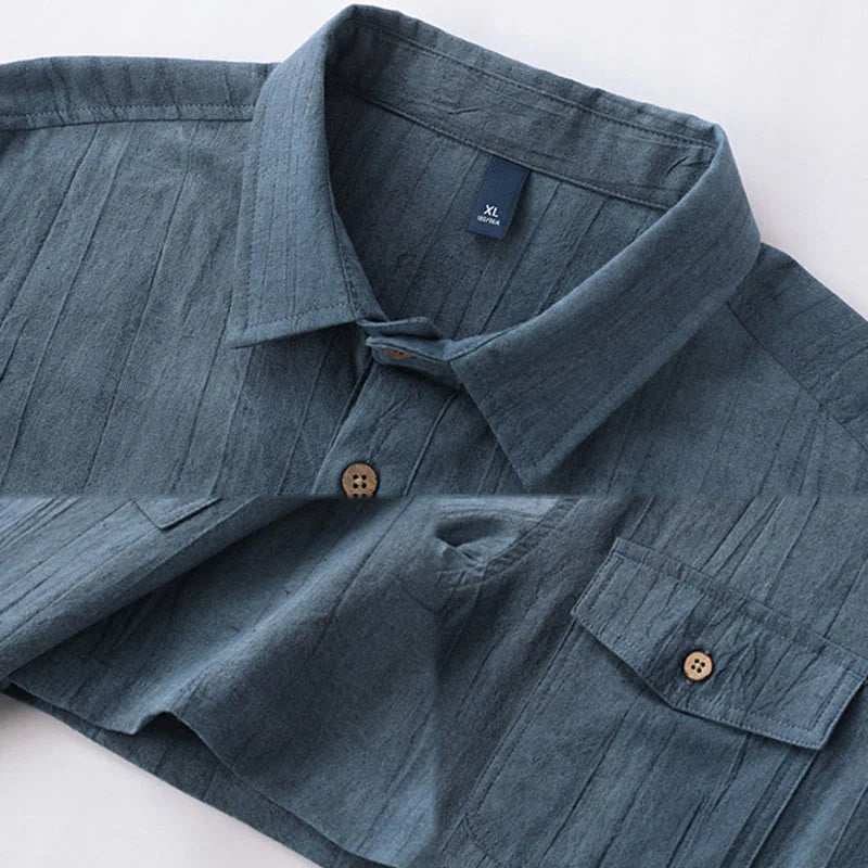 Buddha Stones Summer Solid Pleated Design Men's Half Button Short Sleeve Cotton Ramie Shirt