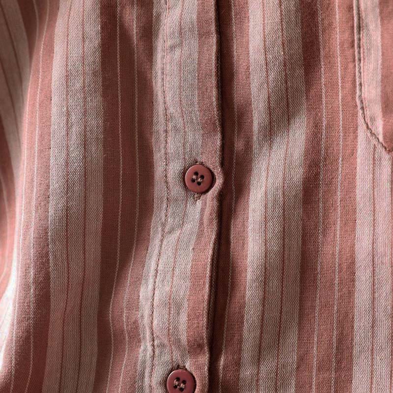 Buddha Stones Fall Vertical Stripes Button Down Stand Collar Long Sleeve Women's Cotton Shirt