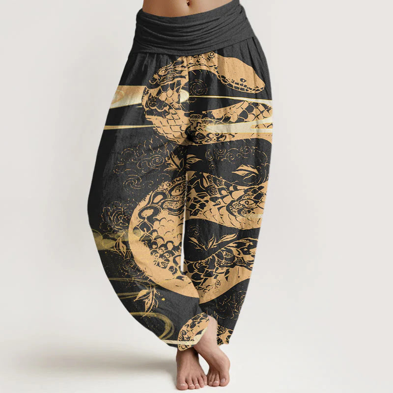 Buddha Stones Cotton Auspicious Clouds With Snake Pattern Women's Elastic Waist Harem Pants