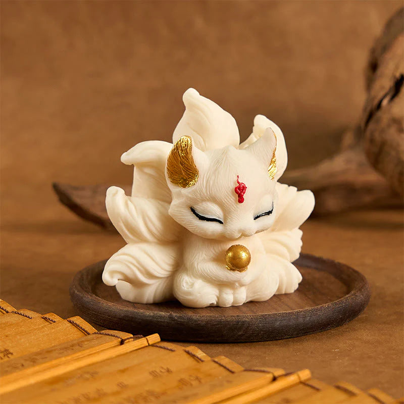Buddha Stones Small Nine Tailed Fox Carved Ivory Fruit Support Home Decoration