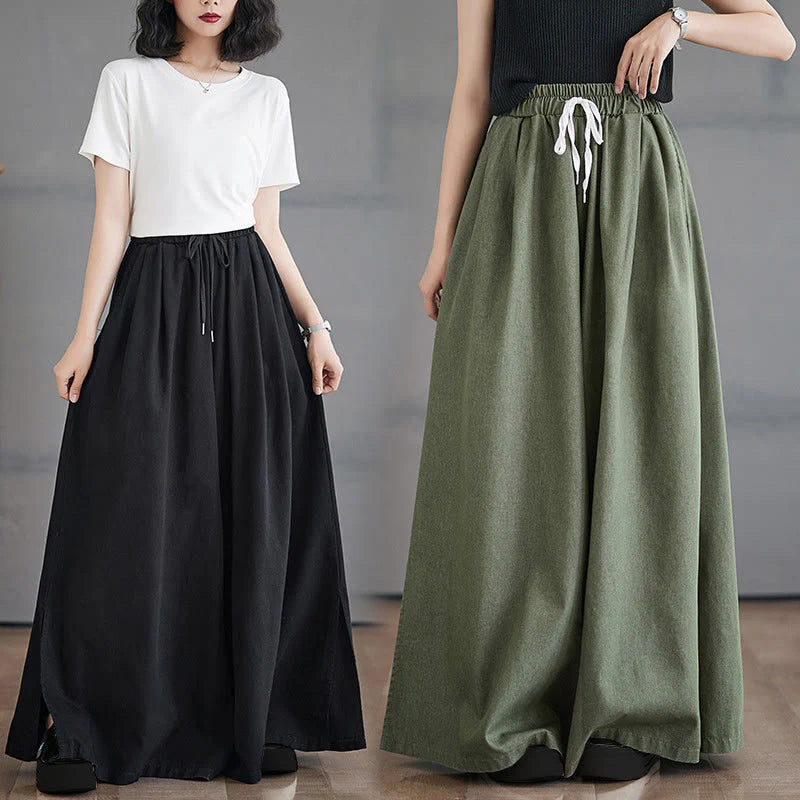 Buddha Stones Retro Leg Opening Slit Design Women's Wide Leg Pants With Pockets